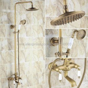 Set doccia da bagno Rubinetto in ottone anticato Doppio manico Girevole Beccuccio vasca Miscelatore Rubinetto con montaggio a parete a mano Krs145Bathroom