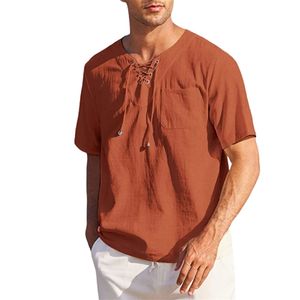 Men Cotton Linen Short Sleeves Shirt Tshirt Fashion V Neck Laceup Loose Tees Tops Casual Summer Beach Pullover Blouse Tshirts 220615