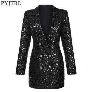 PYJTRL Nuove Donne di Modo Scialle Risvolto Paillettes Lucido Giacca Femminile Doppio Petto Cappotto Lungo Slim Fit Blazer Vestiti di Autunno LJ201021