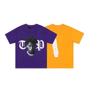 Vlones X Youngboy CoメンズTシャツ肖像画プリントバックホワイト半袖緩い男性と女性ティーヒップホップルースラージVレター恋人ハーフニアJ