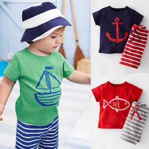 Meninos, roupas de desenho animado, ancoragem de peixes listrados de ternos casuais 2pcs veleiros conjuntos de camisetas 2pcs terno de roupa infantil roupas