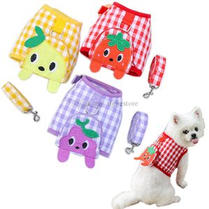 Cartoon-Frucht-Design-Hundegeschirre und Leinen-Set mit Snack-Tasche, weiches Mesh-Erdbeer-Hundegeschirr, Haustier-Komfortweste für kleine Hunde, Katzen, Chihuahua, Pudel, Großhandel B81