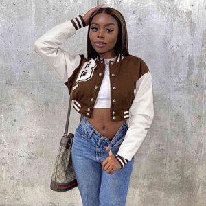 FQLWL Brown Baseball Moda Jackets para Mulheres 2021 Botão de retalhos de retalhos Black Crop Top Jackets Coats Varsity Red Jaqueta Bomber 22H0817