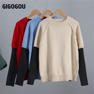 Gigogou Color Block 여성 스웨터 O 목 긴 소매 풀오버 탑 가을 겨울 하이스트리트 소프트 여성 점퍼 풀 Femme 201225
