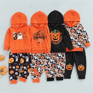 Halloween-Kostüm für Kinder, Baby, Jungen, Mädchen, langärmelig, mit Kapuze, bedruckt, Tops, Hosen, 2 Stück, Outfits, Frühling und Herbst, Kleidung 220817