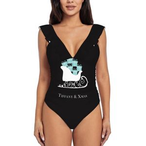 Costumi da bagno da donna Xmas Sledge I Scatole blu Regali S Natale Babbo Natale Monokini Ruffle Costume intero Donna Donna sexy StampaDonna