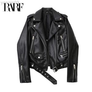 Spring and Autumn New faux leather PU jacket with belt women's lapel motorcycle jacket black zip biker jacket L220801