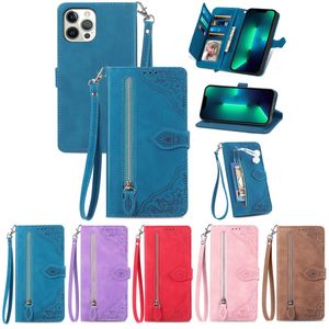 Läderplånbok för Samsung A33 A53 A13 4G A03 Core A73 A23 M33 F23 M23 M53 S22 Ultra A13 5G LACE Flower Print Multifunktionella hållare Flip Cover ID -kortplats Puches