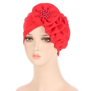 Latest Ruffle Pearls Flower Cap Bonnets For Women Designer Muslim African Head Scarf Wrap Turban Pleated Hijab Floral Beanie Hat