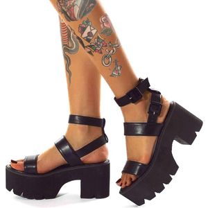 Sandals Brand Leisure Chunky Plataforma High Block Heels Gladiador Gótico Black Sapatos Mulher Moda Moda Mulheres Sandalssandals