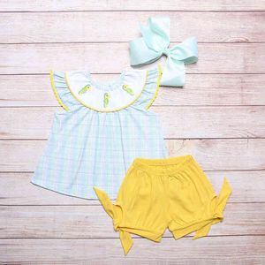 Nyfödda babyflickakläder Set Summer Hippocampus broderi bodysuit Kids ärmlös t-shirt Bow Leisure Shorts för flickor G220509