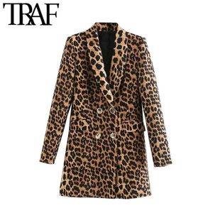 Traf kvinnor vintage mode dubbelbröst leopard blazer kappa långärmad djur mönster kvinnlig ytterkläder chic topps lj201021