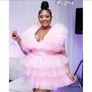 Casual Dresses Fashion Light Pink Tulle Short Women To Birthday Party A-line Ruffles Tiered Mini Dress V-neck Famale DressCasual