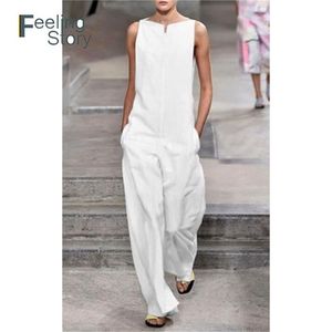 Bawełniany biały kombinezon z ramienia Pełne kombinezony dla kobiet eleganty szerokie nogi długie spodnie Monos Largos Mujer Pantalon Largo T200509