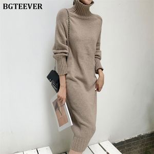 Elegant Turtleneck Knitted Dress Women Autumn Loose Female Sweater Dress Winter Thicken Knitted Pullovers Dress Vestidos T200416