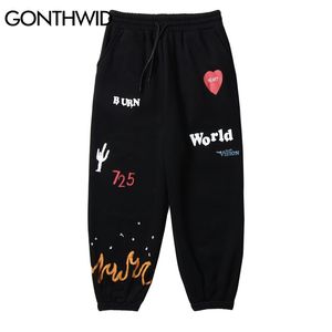 Gonthwid brandflamma kaktus tryck fleece sweatpants streetwear hip hop casual lös jogger svett byxor män harajuku byxor 201126