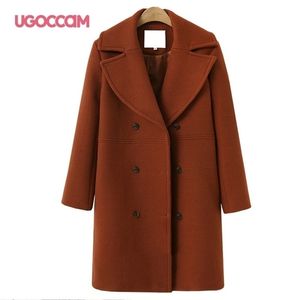 Ugoccam Woolen Coat Office Lady Jacket Женщины осень и зима плюс размеры женщин длинная ветряная ветряная одежда с двойной грудью 201221