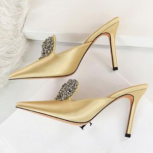 Wholesale women closed shoes for sale - Group buy Slippers Luxury Women cm Hig Heels Slides Gold Crystal Silk Satin Mules Female Closed Toe Slip On Prom Shoes