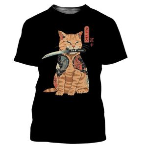 Men's T-Shirts Samurai Cat T-shirt Men And Women Japan Harajuku Street Wear Cartoon Comfortable Refreshing Breathable Otaku Summer ShortMen'