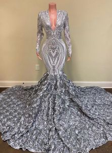 Dubai Arabski Nowy moda Silver African Długie Sukienki na bal matkę V Pełny rękaw 3D Kwiaty 3