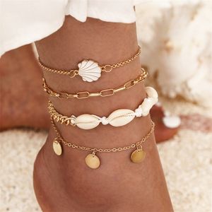 4PCSet Böhmen Shell Chain Anklet Set for Womenas paljetter Ankelarmband på benfoten Trendiga Summer Beach Jewelry Gift 220721
