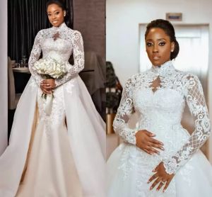 Afrikanische Meerjungfrau Brautkleider hohes Hals -Brautkleid mit Überwachung Spitzen Applique Sweep -Zug Lange Ärmeln maßgeschneiderte Strand plus Größe Vestido de Novia