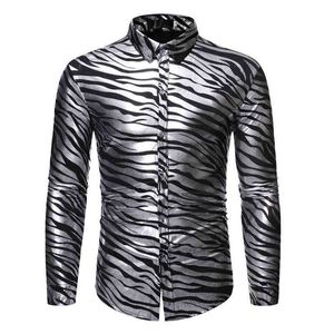 Gümüş zebra çizgili baskı gömlek erkekler 2022 gece kulübü ince fit uzun kollu erkek elbise gömlek parti düğün smokin gömlek adam Camisa l220704