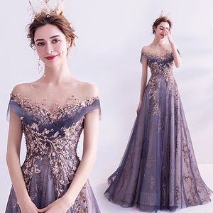 Lace Sequined Prom-kappor från axelkvällsklänningen 2022 Puffhylsor Appliques Beaded Tulle Split Light Sky Blue Party Gowns Lavendel Prom Dresses
