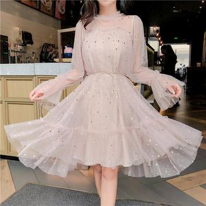 Casual Dresses Shiny Women Dress Sequined Transparent Loose A Line Mesh Patchwork Elegant Solid Summer Korean Style Kimono