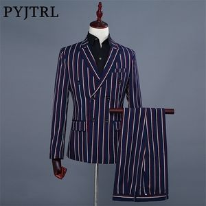 PYJTRL Marke Herrenmode Blauen Streifen Blazer Hosen Zweiteiler Groomsmen Hochzeitsanzug Herrenanzüge Neuesten Mantel-Hose Designs T200319