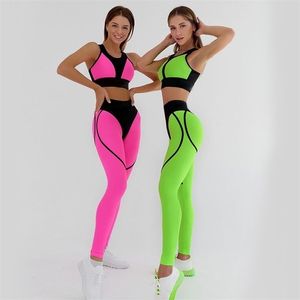 Yoga Spor Set Kadın Kıyafet Egzersiz Giysileri Spor GYM Giyim Giyim Suit Fitness Aktif Giyim Yeşil Pembe L 220330