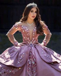 ローズピンクスパンコンQuinceaneraドレス2022 Charro Mexican Sweet 16 Dress Corset Luxury Vestido De 15 Anos Festa Luxo Vintage Prom Gownsエンゲージメントウェア