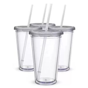 Estoque de 16 onças de plástico copos de parede dupla acrílico de suco de suco de bebida com tampa e caneca de palha de caneca DIY canecas transparentes fy5391