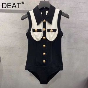 DEAT Women Contrast Color Single Breasted Slim Off Shoulder Blouse Turn-down Collar Sleeveless Fashion Spring Summer 210709