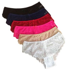6PCS Fashion Sexy Full Lace Panties Transparent Women Briefs Female Hollow Out Low Cut Panty Breathable Bow Wholesale Underwear T220810