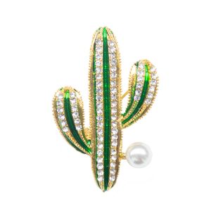 Cute Cactus Rhinestone Brooch Women Pearl Breast Pin Painted Brooch Gold Color Garments Lady Coats Accessories Fashion Jewelry