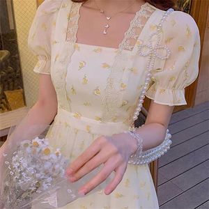 Korean Fashion Flower Mini Dresses Women Puffer Sleeve Elegant Party Dress Female Summer Lace Up Sweet Casual Dress Y2K 220514