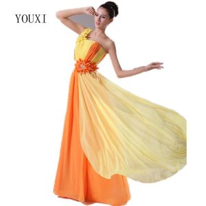 Wholesale orange chiffon party dress resale online - Party Dresses Design Yellow And Orange Chiffon A Line Long Prom With Flowers Fancy Formal DressParty