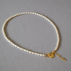 Fröpärl Beeded Halsband 4mm naturliga pärlor med guldhjärtstängning207L