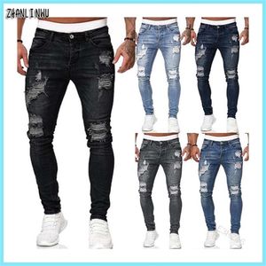 Streetwear mode svart rippade jeans män mager smala fit blå hip hop denim byxor avslappnade jeans för män jogga jean homme 220606