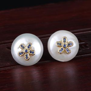 Stud Earrings Navy Blue Cz Micro Pave Tiny Flower Charms Natural Coin Freshwater Pearl Bead Charm Button Unisex Earring For Wedding Gift