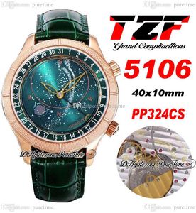 TZF Wielkie komplikacje 5106 Sky Moon Celestial A240 Automatyczna męska zegarek Rose Gold Green Dial Pasek Super Edition Watches PureTime F025K11