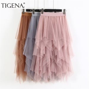 Tigena Long Tulle Skirt Women Fashion Spring Summer High Weist Plateed Maxi Skirt Female Pink White Black School Sun 210311