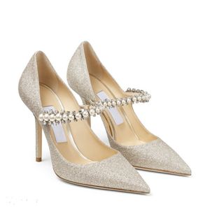 Elegant Sandals Bridal Wedding Dress Shoes Glitter Lady Pumps Crystal Pearl Strap High Heels Famous Pointed Toe Women's Comfort & Soft Party Walking EU35-43