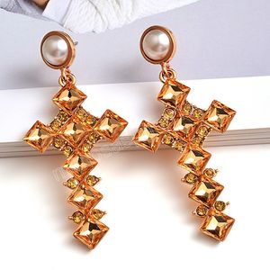 Vintage Long Metal Colorful Crystal Cross Dangle Earrings High-Quality Glass Pendant Jewelry Accessories for Women Gift