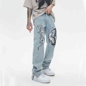 High street fjäril och orm broderi raka jeans byxor mäns ankel blixtlås retro fickor lösa denim byxor hip hop t220803