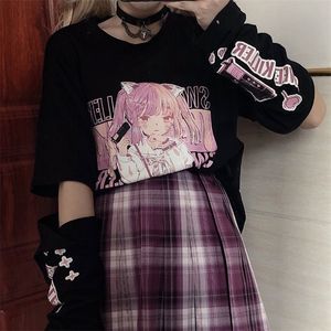 HOUZHOU Anime Print Grafik T-shirt Frauen Sommer Goth Top Mujer Split Ärmeln E Mädchen Y2k Kleidung Ästhetischen Harajuku Kawaii Tees 220321