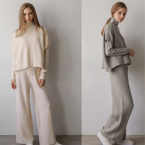 2019 Women s Suit Sweater Set OL Style Turtleneck Pullover Vest Loose Pants Two Piece Outfits Knitted Suit Winter Korea Clothes T200702