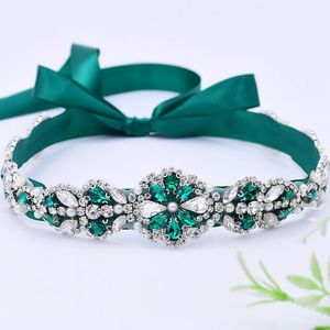 Ślub Favors Luksusowy Dark Green Diamond Belt Bridal Emerald Rhinestone Naklejki Suknie Ślubne Akcesoria Kobiety Druhna Wieczorni Piśmiech