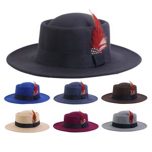 Nya kvinnor män ull vintage fedora hatt med fjäder band bred grim manlig kvinnlig höst topp jazz mössor panama sombrero cap